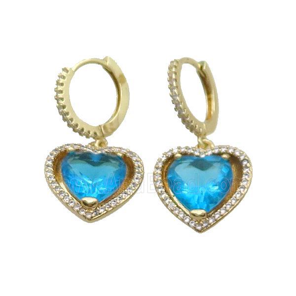 Copper Hoop Earring Pave Aqua Crystal Heart Gold Plated