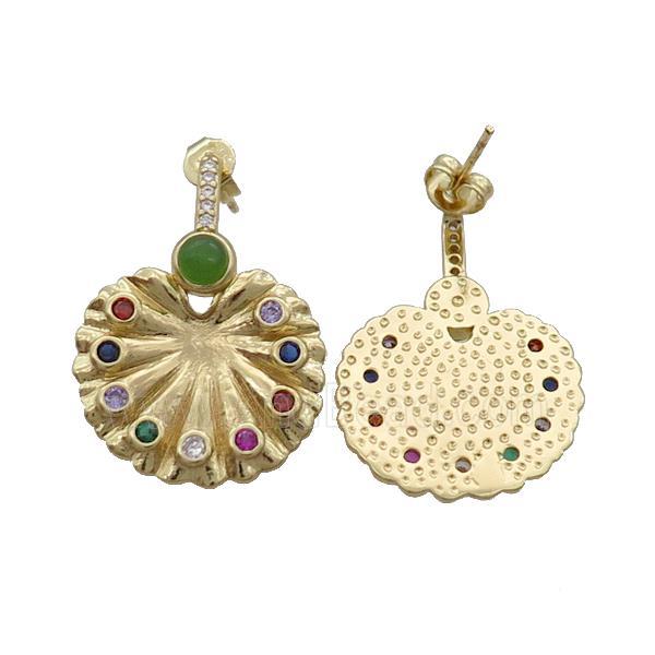 Copper Stud Earring Pave Zircon Peacock Screen Circle Gold Plated