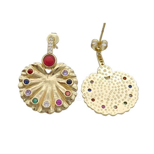 Copper Stud Earring Pave Zircon Peacock Screen Circle Gold Plated