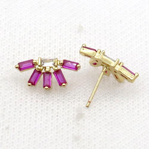 Copper Stud Earring Pave Hotpink Zircon Gold Plated