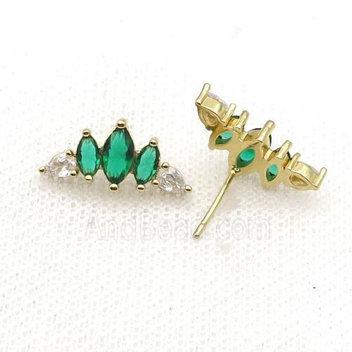 Copper Stud Earring Pave Green Zircon Crown Gold Plated