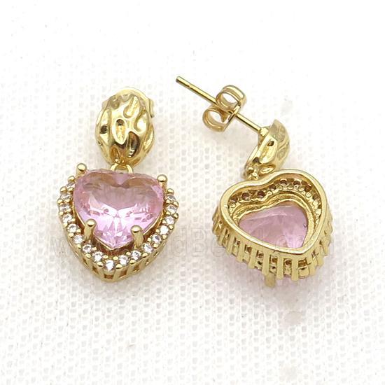 Copper Stud Earring Pave Zircon Pink Crystal Heart Gold Plated