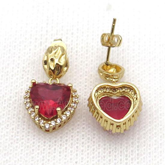 Copper Stud Earring Pave Zircon Red Crystal Heart Gold Plated