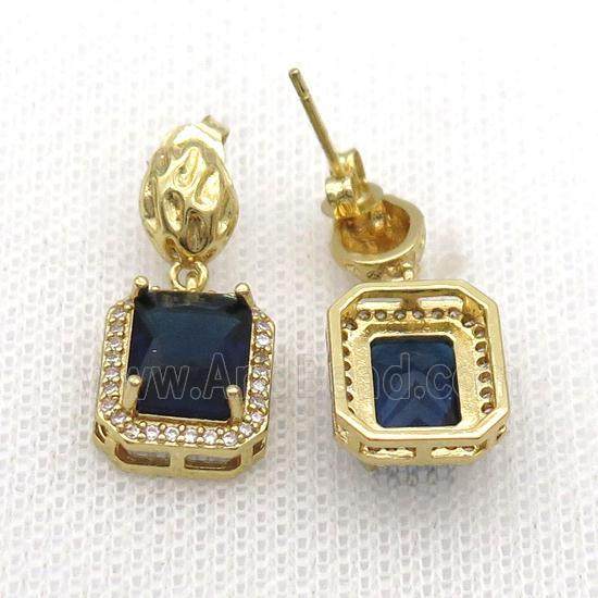 Copper Stud Earring Pave Zircon Blue Crystal Rectangle Gold Plated