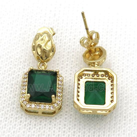Copper Stud Earring Pave Zircon Green Crystal Rectangle Gold Plated