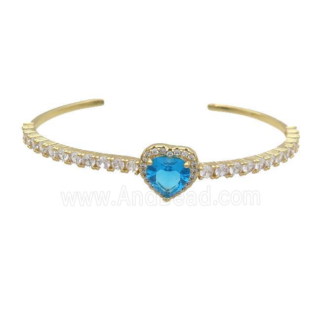 Copper Heart Bangle Pave Zircon Aqua Crystal Gold Plated