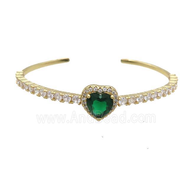 Copper Heart Bangle Pave Zircon Green Crystal Gold Plated