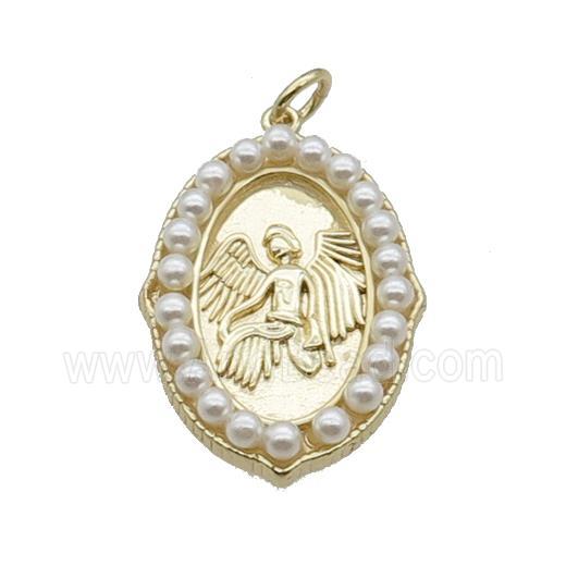 Copper Angel Pendant With Pearlized Glass Oval Gold Plated