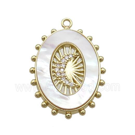 Copper Oval Pendant Pave Zircon White Shell Moon Gold Plated