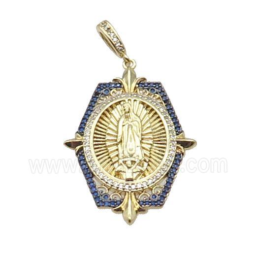 Copper Jesus Pendant Pave Blue Zircon Religious Gold Plated