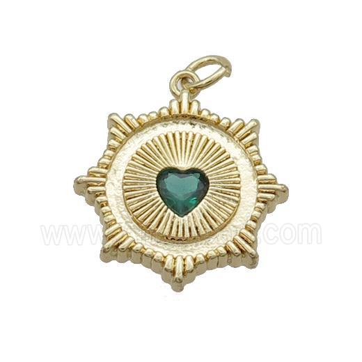 Copper Sun Pendant Pave Green Crystal Heart Gold Plated
