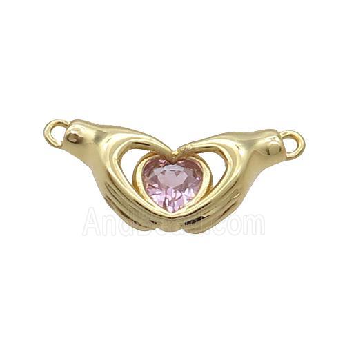 Copper Hand Heart Pendant Pave Pink Crystal 2loops Gold Plated