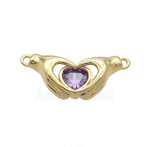 Copper Hand Heart Pendant Pave Purple Crystal 2loops Gold Plated