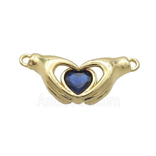 Copper Hand Heart Pendant Pave Blue Crystal 2loops Gold Plated