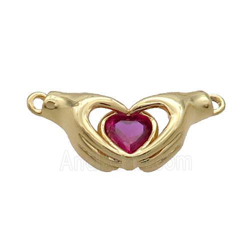 Copper Hand Heart Pendant Pave Red Crystal 2loops Gold Plated