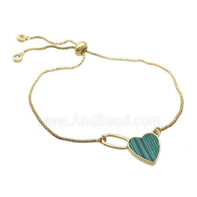 Copper Bracelet Green Malachite Heart Adjustable Gold Plated