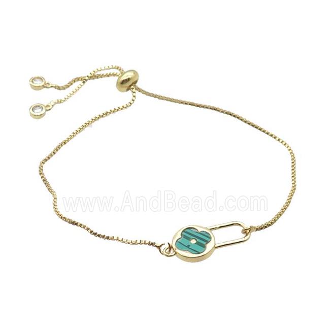 Copper Bracelet Green Malachite Clover Adjustable Gold Plated
