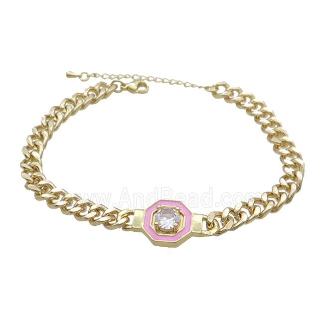 Copper Bracelet Pave Crystal Pink Enamel Gold Plated