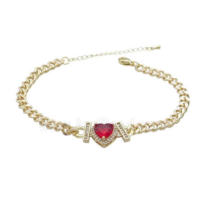Copper Bracelet Pave Red Crystal Heart Gold Plated