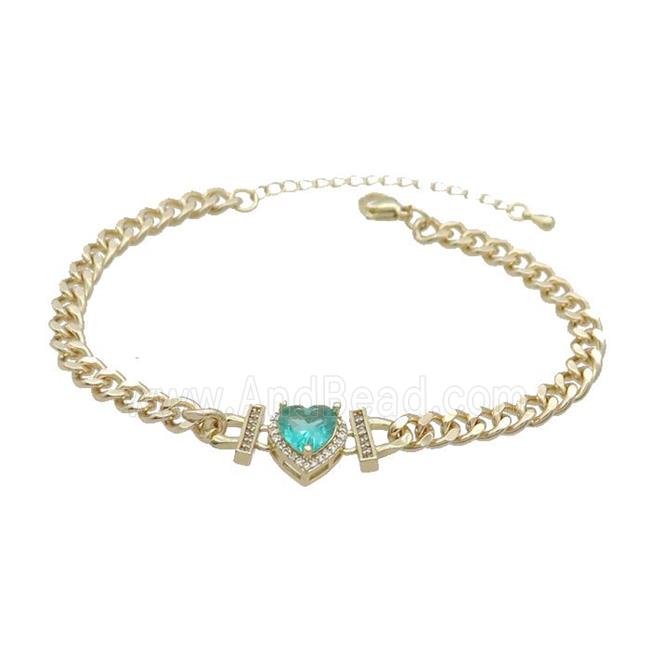 Copper Bracelet Pave Aqua Crystal Heart Gold Plated