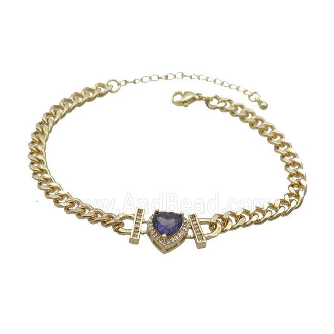 Copper Bracelet Pave Purple Crystal Heart Gold Plated