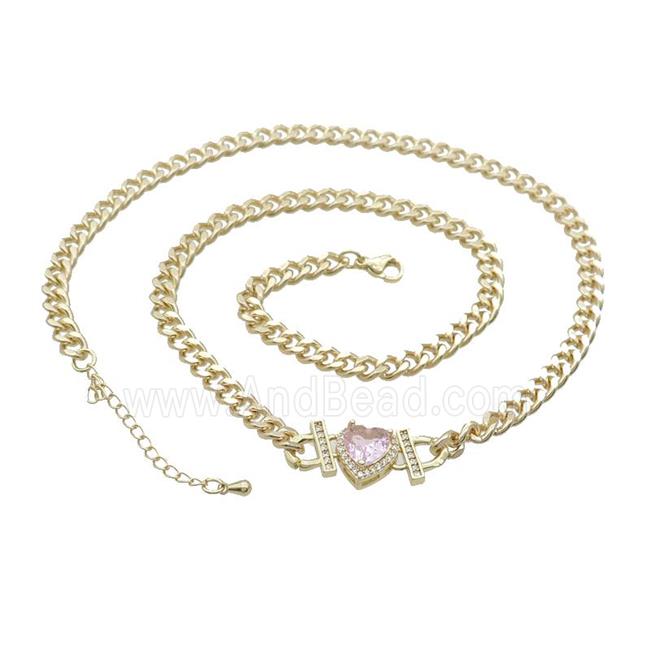 Copper Necklace Pave Pink Crystal Heart Gold Plated