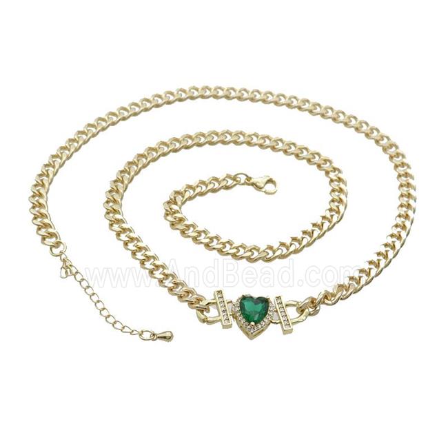 Copper Necklace Pave Green Crystal Heart Gold Plated