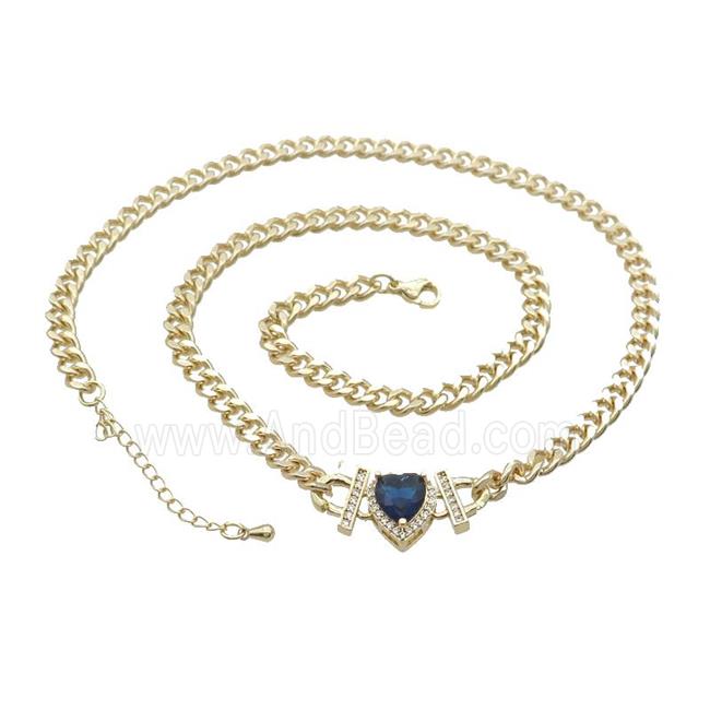 Copper Necklace Pave Blue Crystal Heart Gold Plated