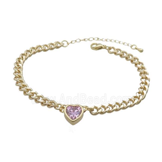 Copper Bracelet Pave Pink Crystal Heart Gold Plated