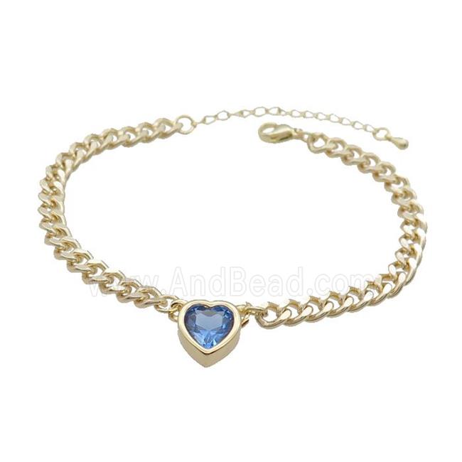 Copper Bracelet Pave Blue Crystal Heart Gold Plated