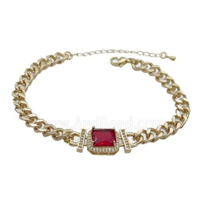 Copper Bracelet Pave Red Crystal Rectangle Gold Plated
