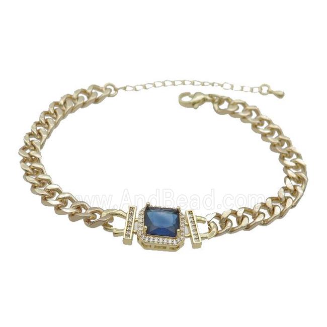 Copper Bracelet Pave Blue Crystal Rectangle Gold Plated
