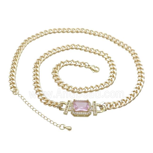 Copper Necklace Pave Pink Crystal Rectangle Gold Plated