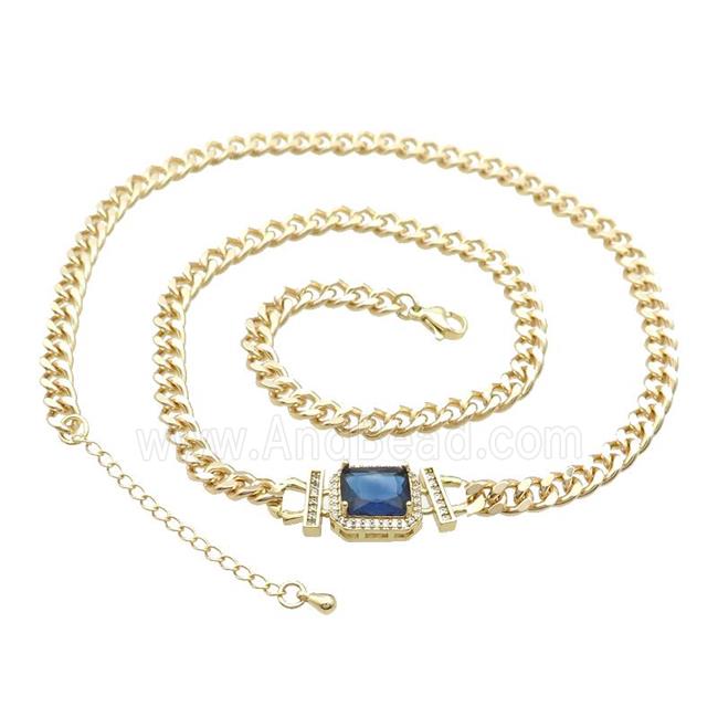 Copper Necklace Pave Blue Crystal Rectangle Gold Plated