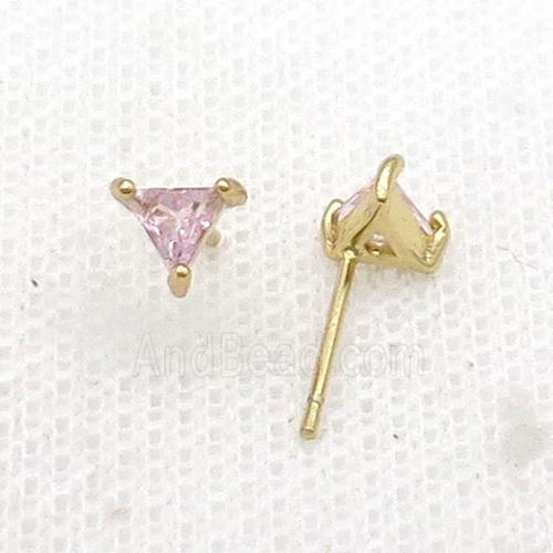 Copper Stud Earring Pave Zircon Pink Crystal Triangle Gold Plated