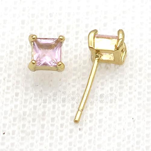 Copper Stud Earring Pave Zircon Pink Crystal Square Gold Plated