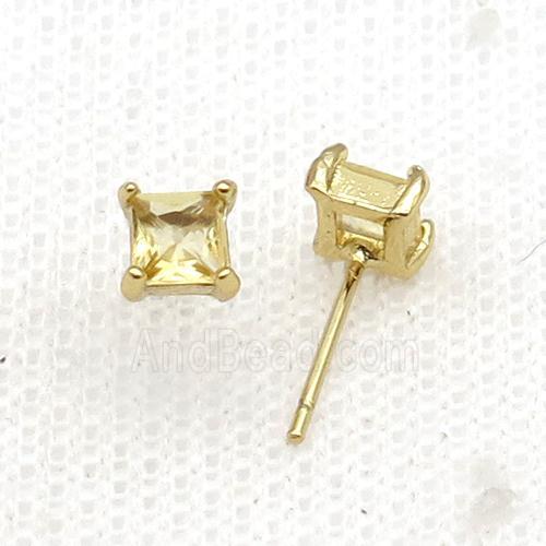 Copper Stud Earring Pave Zircon Yellow Crystal Square Gold Plated