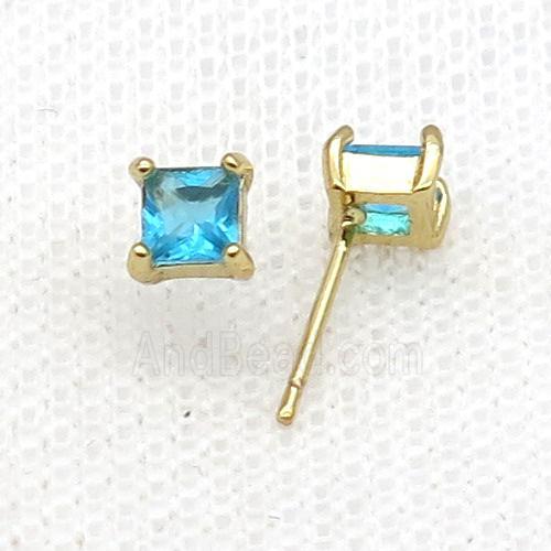 Copper Stud Earring Pave Zircon Aqua Crystal Square Gold Plated