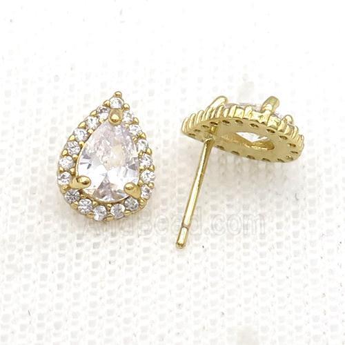 Copper Stud Earring Pave Zircon Clear Crystal Teardrop Gold Plated