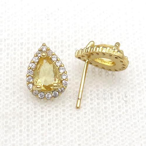 Copper Stud Earring Pave Zircon Yellow Crystal Teardrop Gold Plated