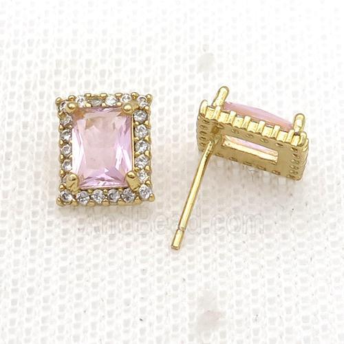 Copper Stud Earring Pave Zircon Pink Crystal Rectangle Gold Plated