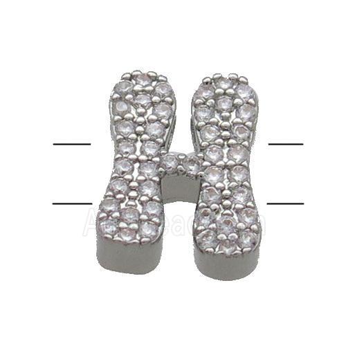 Copper Alphabet Beads Pave Zircon Letter-H 2holes Platinum Plated