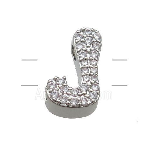 Copper Alphabet Beads Pave Zircon Letter-J 2holes Platinum Plated