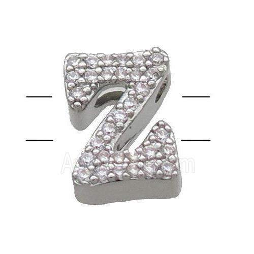 Copper Alphabet Beads Pave Zircon Letter-Z 2holes Platinum Plated