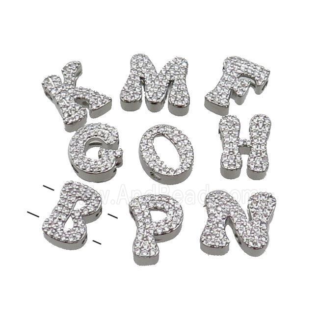 Copper Alphabet Beads Pave Zircon Mix Letter 2holes Platinum Plated