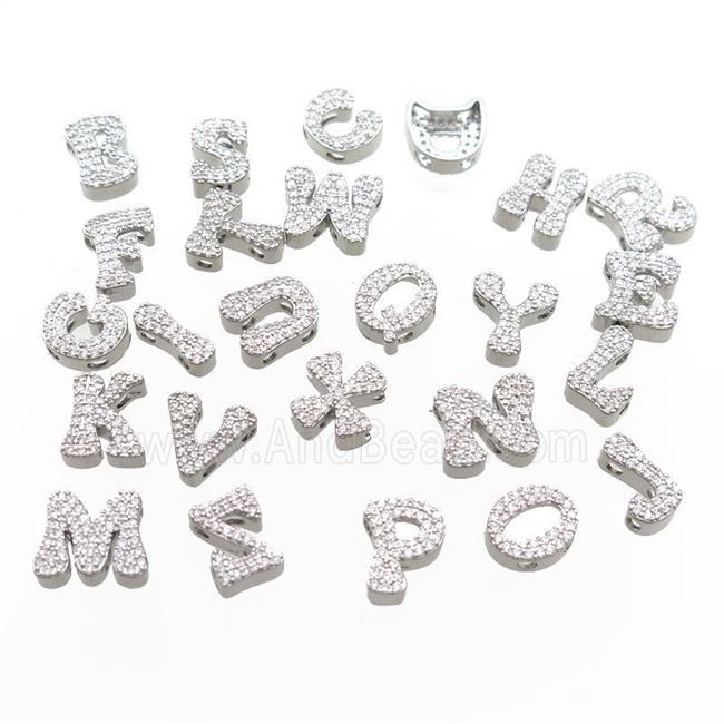 Copper Alphabet Beads Pave Zircon Mix Letter 2holes Platinum Plated
