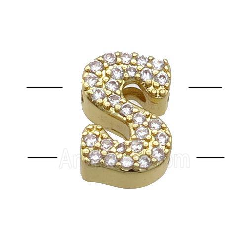 Copper Alphabet Beads Pave Zircon Letter-S 2holes Gold Plated