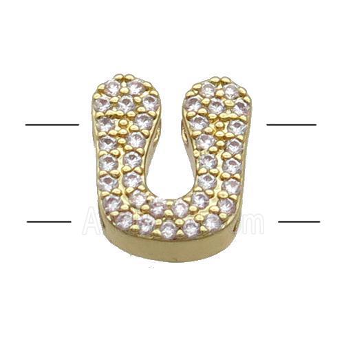 Copper Alphabet Beads Pave Zircon Letter-U 2holes Gold Plated