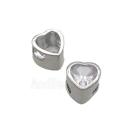 Copper Heart Beads Pave Zircon Platinum Plated