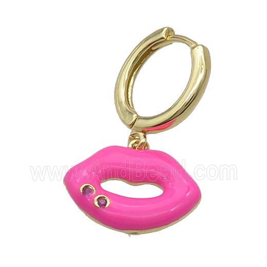 Copper Hoop Earring With Hotpink Enamel Lip Gold Plated